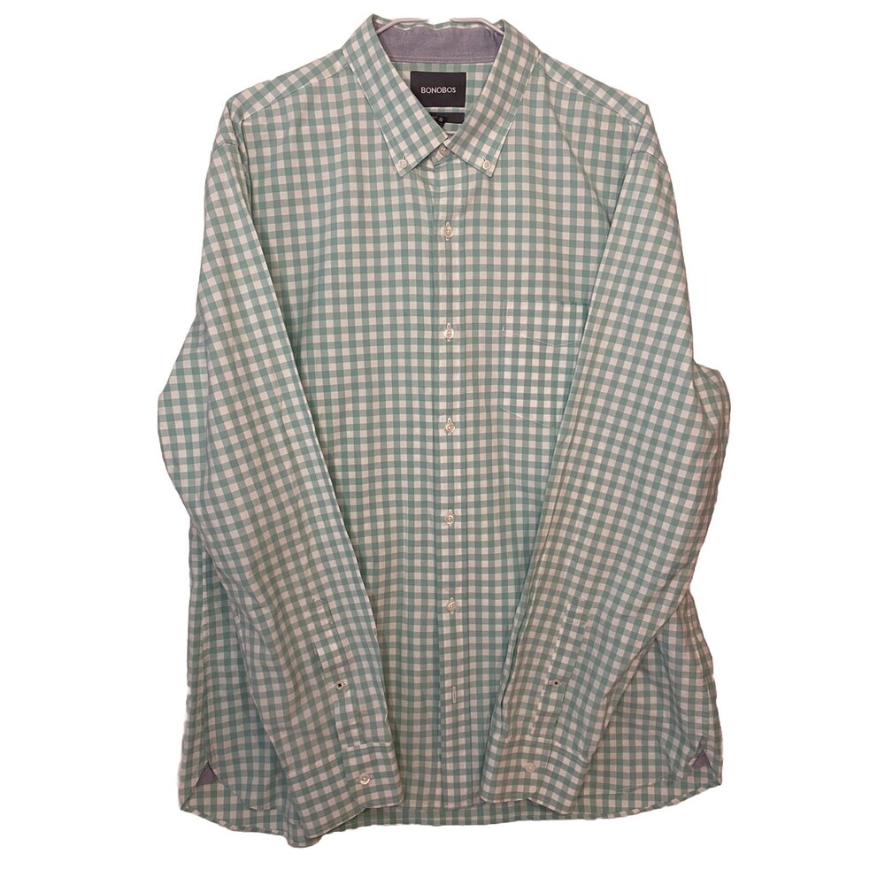 Bonobos Mens XL Slim Fit Button Down Shirt Mint Green White Check Long Sleeves